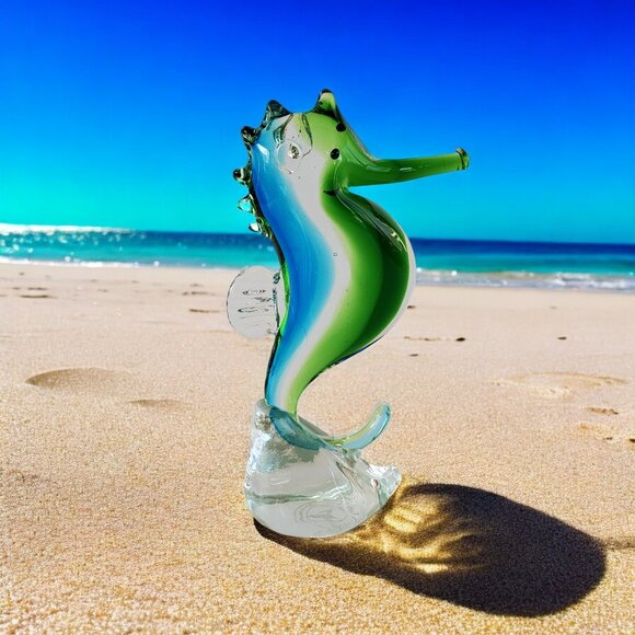 Dynasty Gallery Seahorse Figurine Blown Art Glass Blue Green Seaside Decor 5.75" - Picture 4 of 10